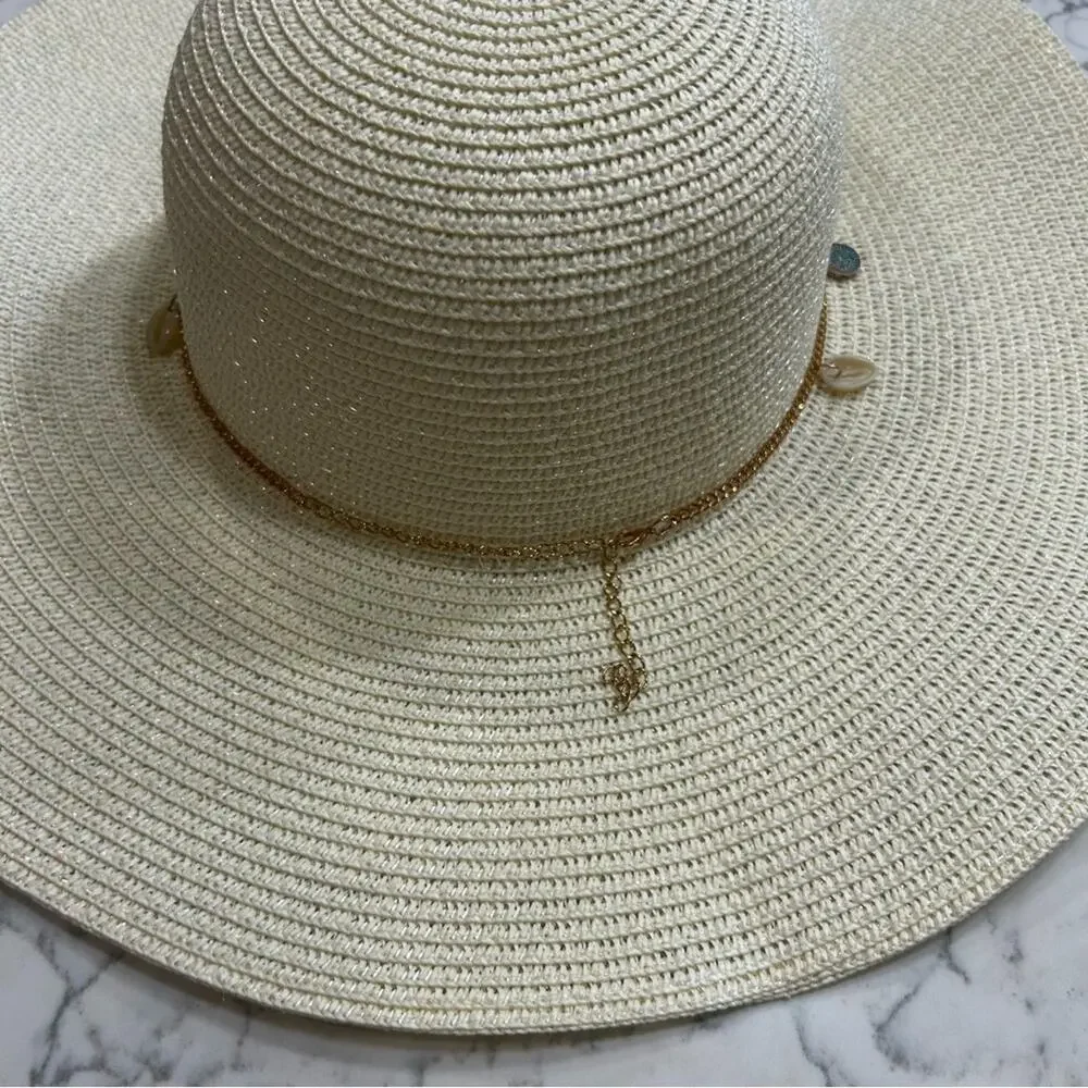 Light Beige Wide Brim‎ 100% Grass Sunhat W/ Beach Necklace/Chain